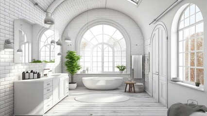 Arched roof bathroom with white brick walls and windows: a freestanding bathtub on the wood floor, empty, blank, nobody, no people, photorealistic, illustration, 5K, Generative AI