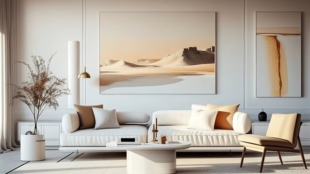 Living room interior in an off-white neutral color with minimalistic furniture: empty, blank, nobody, no people, photorealistic, illustration, 5K, Generative AI
