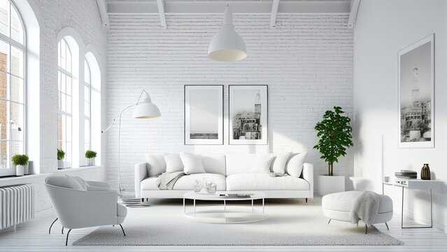 Living room decor in white color: arched windows and wood floor, empty, blank, nobody, no people, photorealistic, illustration, 5K, Generative AI