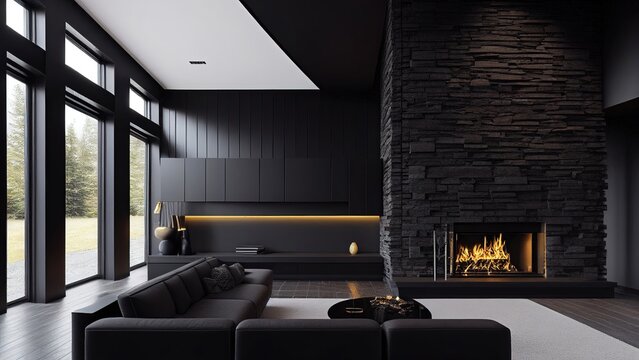 Black-themed large living room interior with a fireplace on the dark stone wall: empty, blank, nobody, no people, photorealistic, illustration, 5K, Generative AI