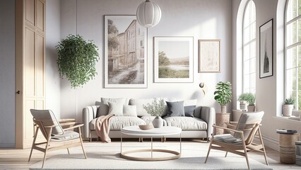 A cozy living room with a white interior, allowing abundant sunlight through the large windows that illuminates the space and the artworks. Photorealistic illustration, Generative AI