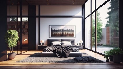 A quiet bedroom with a garden view: private and comfortable, empty, blank, nobody, no people, photorealistic, illustration, 5K, Generative AI