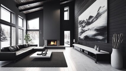 A spacious living room boasting breathtaking winter mountain views, complemented by the black stone interior and floor-to-ceiling windows. Photorealistic illustration, Generative AI