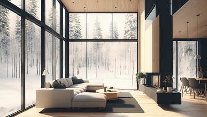 Living room full of sunlight with wood interior in the minimalistic design residence in winter: empty, blank, nobody, no people, photorealistic, illustration, 5K, Generative AI