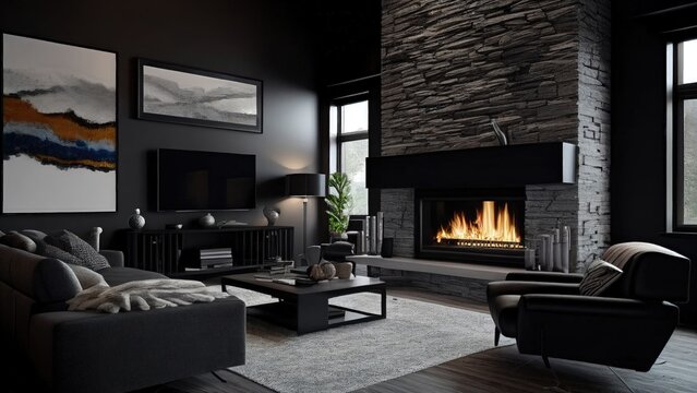 A perspective view of a black color theme living room with a dark stone wall and a fireplace: empty, blank, nobody, no people, photorealistic, illustration, 5K, Generative AI