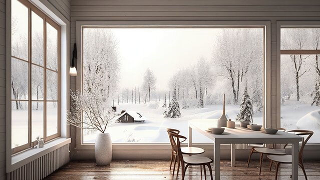 A Small Cozy Dining Room With A Snow-covered Landscape View: Empty, Blank, Nobody, No People, Photorealistic, Illustration, 5K, Generative AI