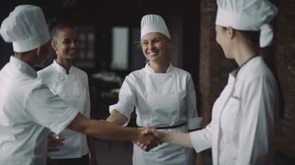 Professional Workplace Female Women: Caucasian White Chefs Greeting with Confidence Friendliness in Business Setting, Diversity Equity Inclusion DEI Celebration (generative AI