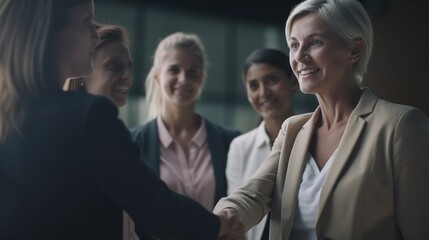Professional Workplace Female Women: Caucasian White Coachs Greeting with Confidence Friendliness in Business Setting, Diversity Equity Inclusion DEI Celebration (generative AI