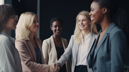 Professional Workplace Female Women: Caucasian White Salespersons Greeting with Confidence Friendliness in Business Setting, Diversity Equity Inclusion DEI Celebration (generative AI