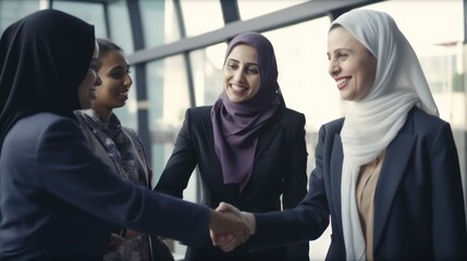 Professional Workplace Female Women: Middle Eastern Accountants Greeting with Confidence Friendliness in Business Setting, Diversity Equity Inclusion DEI Celebration (generative AI