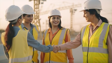 Professional Workplace Female Women: Middle Eastern Electricians Greeting with Confidence Friendliness in Business Setting, Diversity Equity Inclusion DEI Celebration (generative AI