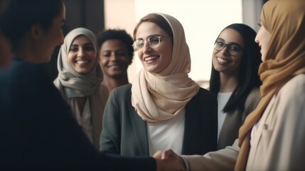 Professional Workplace Female Women: Middle Eastern Psychologists Greeting with Confidence Friendliness in Business Setting, Diversity Equity Inclusion DEI Celebration (generative AI