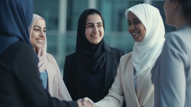 Professional Workplace Female Women: Middle Eastern Accountants Greeting with Confidence Friendliness in Business Setting, Diversity Equity Inclusion DEI Celebration (generative AI