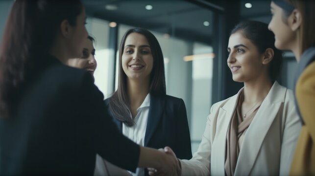 Professional Workplace Female Women: Middle Eastern Accountants Greeting with Confidence Friendliness in Business Setting, Diversity Equity Inclusion DEI Celebration (generative AI