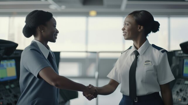 Professional Workplace Female Women: African American Black Air traffic controllers Greeting with Confidence Friendliness in Business Setting, Diversity Equity Inclusion DEI Celebration (generative AI