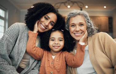 Love, family and portrait by girl with mother and grandmother on a sofa, happy and smile in their home. Bond, relax and face of senior woman with adult daughter and grandchild on couch on the weekend