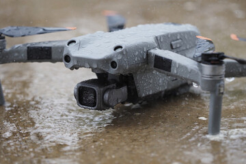 Wet Drone Quadcopter in the Rain.