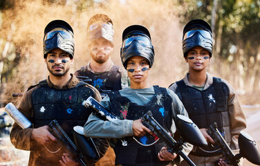 Fototapeta Team, paintball and portrait of army ready for battle, war or intense combat in extreme adrenaline sports. Group of people standing with guns in teamwork preparation for mission or sport match obraz