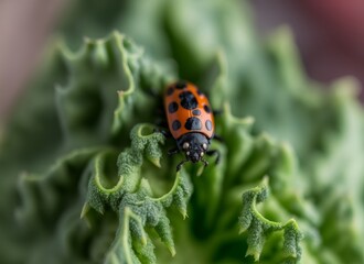 Macro of ladybug on a kale leaf. Generative AI.