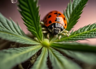 Ladybug on a marijuana leaf. Close-up. Generative AI.