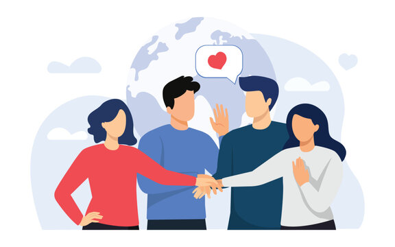 Community, Solidarity Of Peoples, Inter-racial Friendship, Teamwork, Volunteer Concept. Hand Drawn Group Of Friendly Volunteers Putting Hands Together. Vector Illustration.