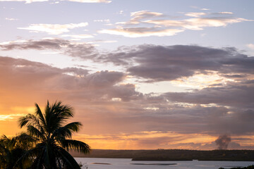Coconut-producing trees draw their silhouette in front of the sun.