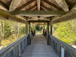The old traditional wooden bridge over the river Albula or covered wooden pedestrian bridge over the Alvra river (Gedeckte Holzbr&uuml;cke &uuml;ber die Albula Fluss) - Switzerland (Schweiz)
