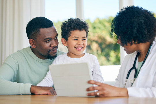 Pediatrician tablet, dad and child with a smile from patient results with good news at a hospital. Happy kid, father and doctor in a clinic consultation office with a healthcare worker and family