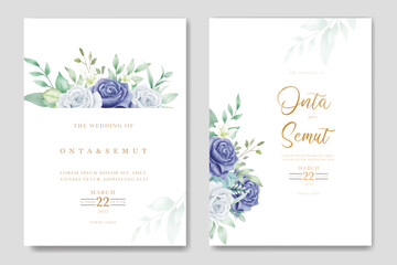 wedding invitation card with floral navy blue watercolor