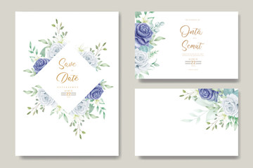 wedding invitation card with floral navy blue watercolor