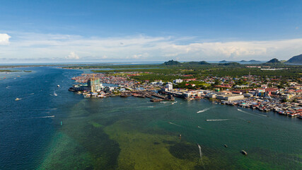Aerial drone of Semporna, on the southeastern coast of the state of Sabah in Malaysia, is a county in the Tawau District.