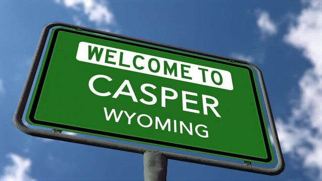 Welcome to Casper Wyoming City Road Sign, Close Up Realistic 3d Animation