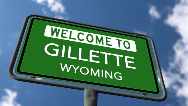 Welcome to Gillette Wyoming USA City Road Sign, Close Up Realistic 3d Animation