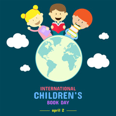 International Children's Book Day greeting with three little kids carrying books over the world