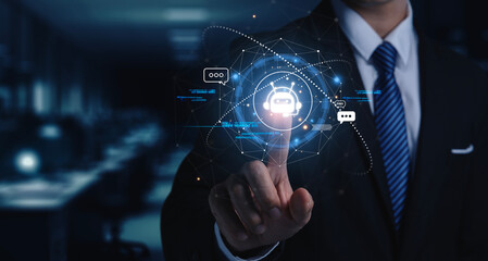 Hand touching digital chatbot for provide access to information and data in online network