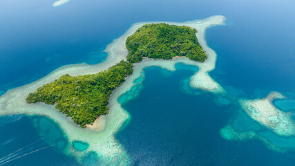 Tropical island and coral atoll with turquoise water. Seascape in the tropics. Borneo, Sabah,...