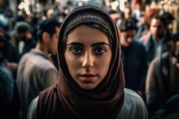 Obraz premium Muslim woman at a middle eastern city street market looking at the camera. generative AI