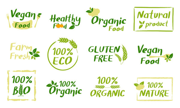 Organic food, farm fresh and natural product sign and elements for food and drink market.