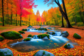 An image depicting an autumn landscape with a lake in the forest (a.i. generated)