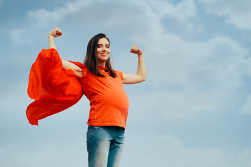 Superhero Pregnant Mom Flexing Her Arms Showing Strength and Power. Yummy appetizing food presented...
