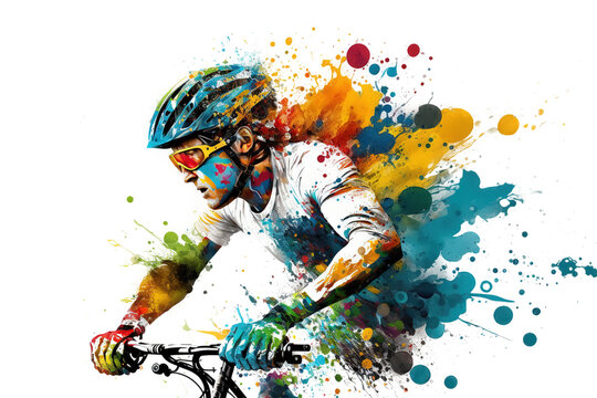 a man ride a bike colorful splash isolated on white background
