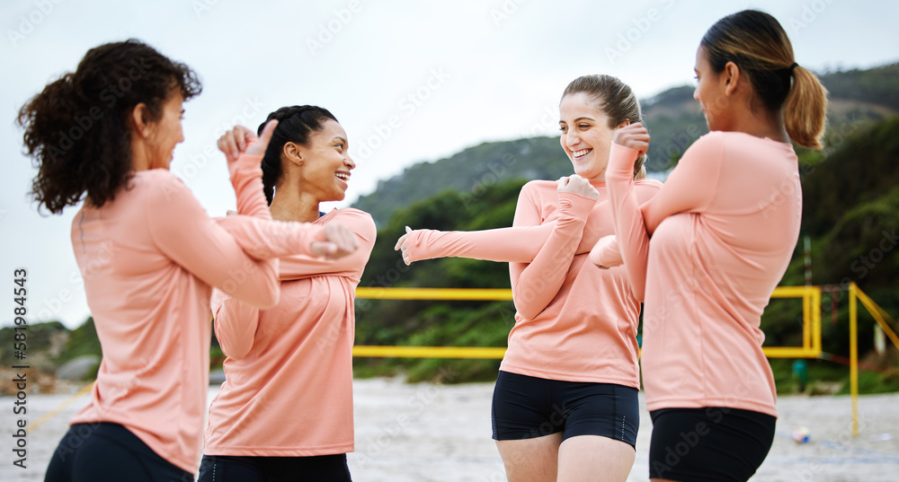 Canvas Prints Volleyball, team and women stretching on beach excited to play match, competition and sport game. Teamwork, fitness and happy female players stretch arms for warm up practice, training and exercise