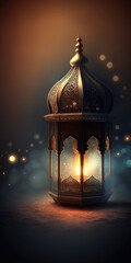 Fototapeta na wymiar Ramadan Lantern at night. Eid Mubarak Ramadan Kareem background. Generative ai illustration for Greeting card, site, banner, invitation, postcard for muslim holiday. Holy month Ramadan Kareem