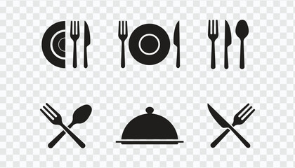 Elevate dining visuals with our Cutlery Icon Set—spoon, fork, knife, plate icons, complemented by hand holding food tray. A versatile dinner service collection in silhouette, vector illustration.