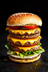 Big cheese and meat burger, hamburger on black background. Generative Ai