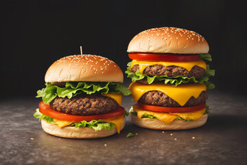 hamburger on black background, Double cheeseburger fast food. Ai generated