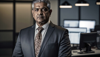 Portrait of ethnic Indian American Business man in office, generative ai