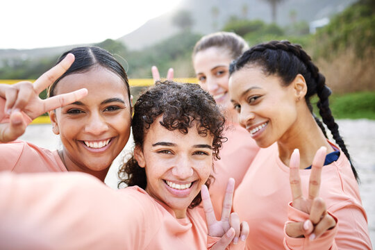 Selfie portrait, volleyball and women with peace sign on beach for sports game, match and competition. Friends, teamwork and happy girl athletes smile in picture for training, practice and fitness