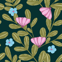 Floral seamless pattern with leaves illustration on dark green color background.