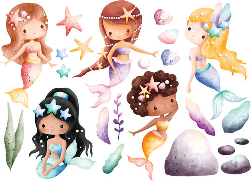 Watercolor Illustration set of cute mermaid and elements